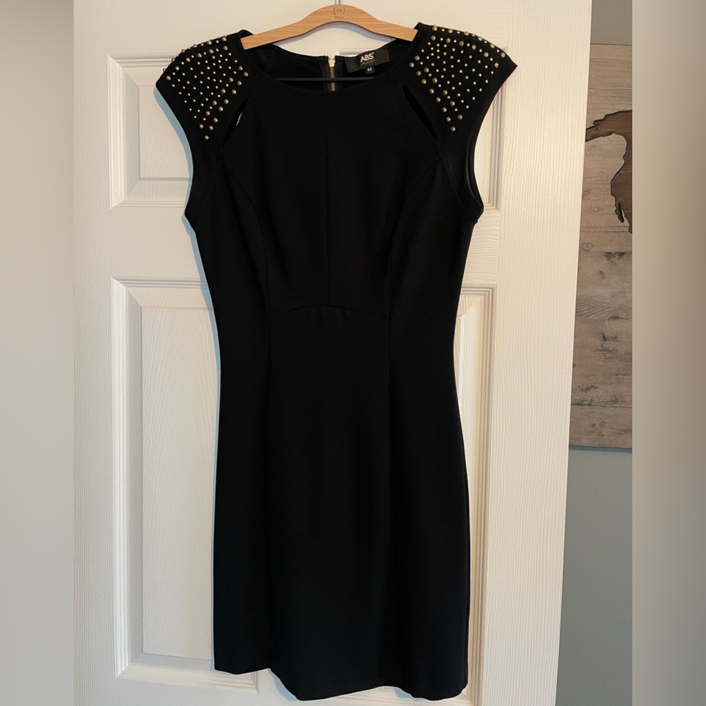 ABS Allen Schwartz Black Cocktail Dress with Gold Metal Cap Sleeve (Size Medium)